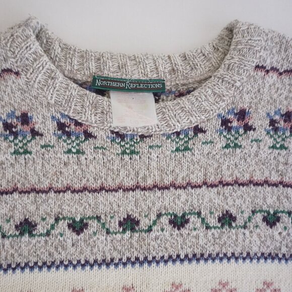 Vintage Northern Reflections Grey Purple Floral Knit Crewneck Sweater L - Picture 10 of 11